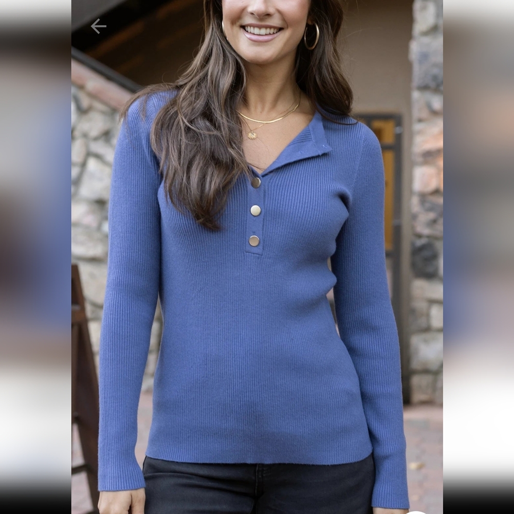 Grace & Lace Ribbed Henley English Blue Sweater